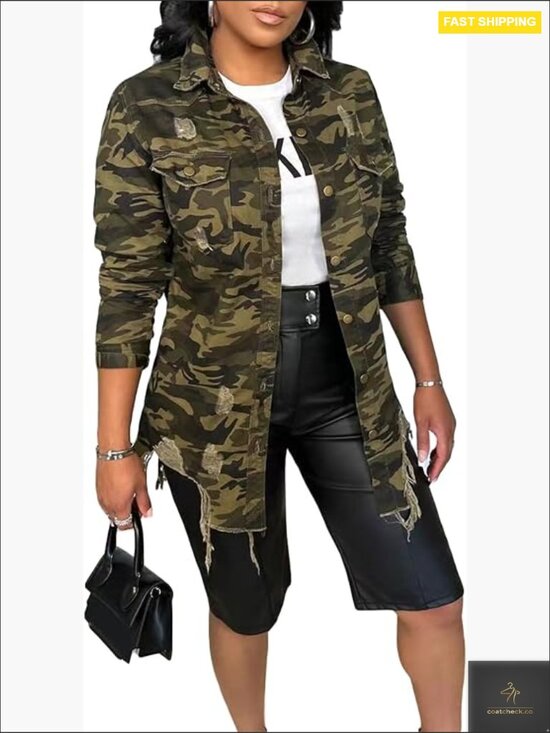 Jackets & Blazers - Women's Ripped Camo Jacket Casual Army Fatigue Button Down Utility Coat Plus
